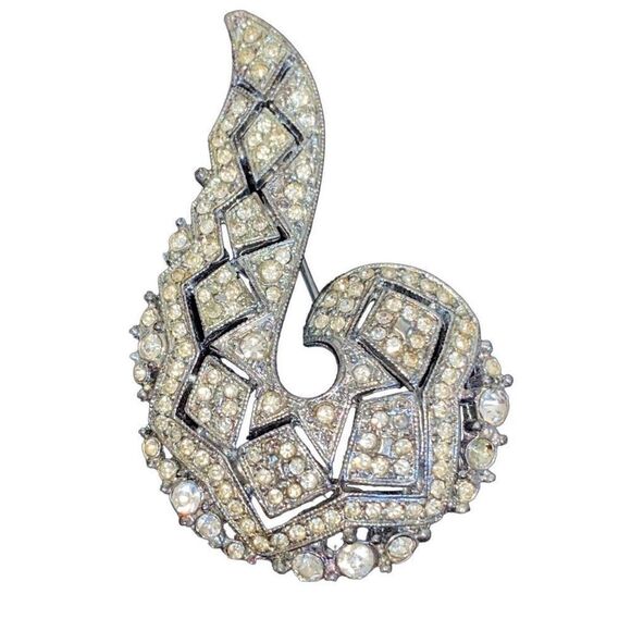 Vintage Art Deco Silvertone Brooch Faux Diamond Pave Flapper Retro - Picture 1 of 3